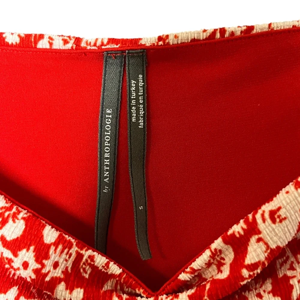 Anthropologie Red Floral Puff Sleeve Sweetheart Cropped Blouse Sz S Romance Boho